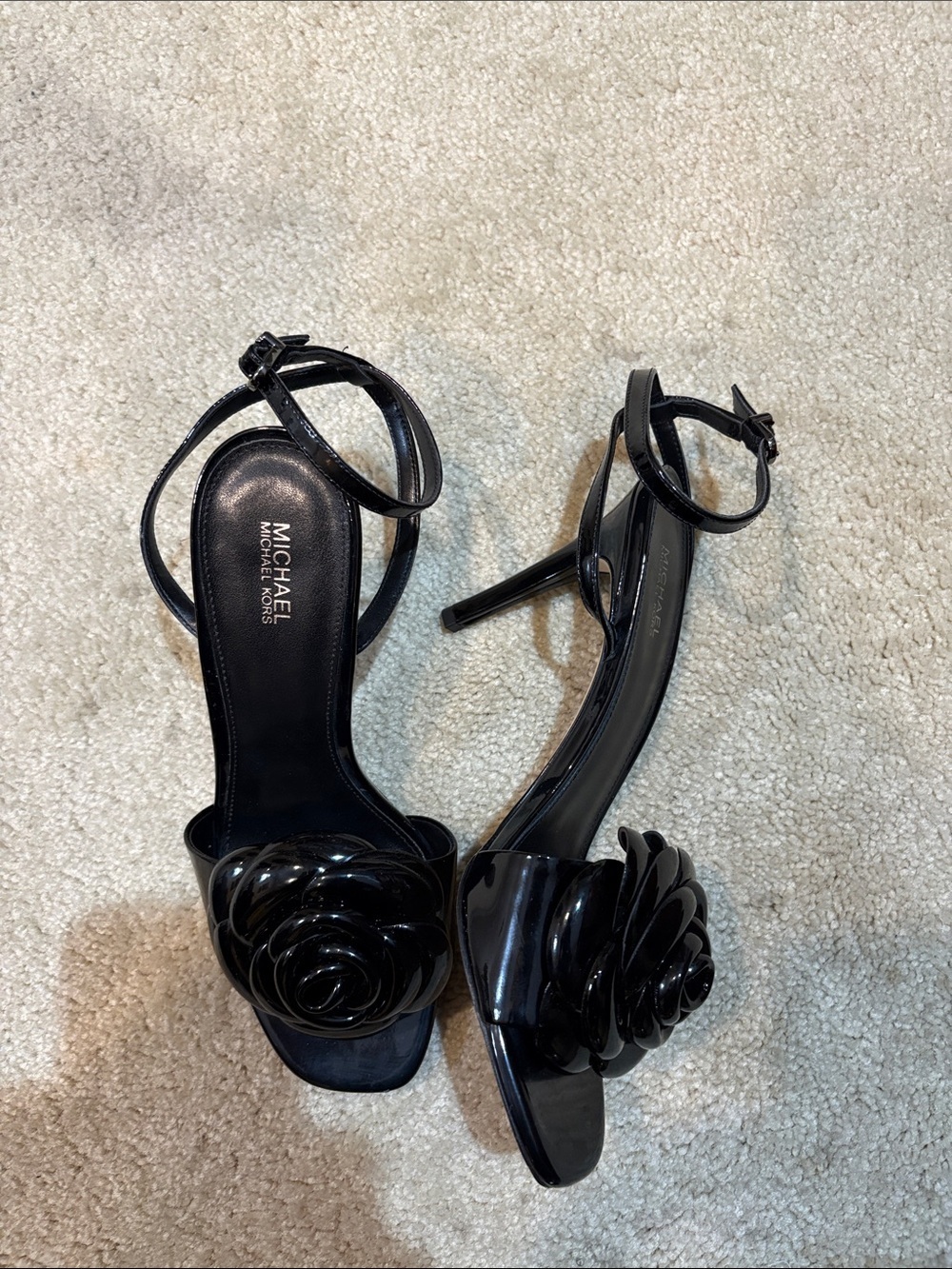 MICHAEL Michael Kors Black Patent Rose-Detail Ankle Strap Heels